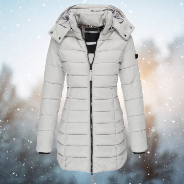 Women’s Long Puffer Jacket – Slim Fit – Quilted – Water-Resistant – Detachable Hood