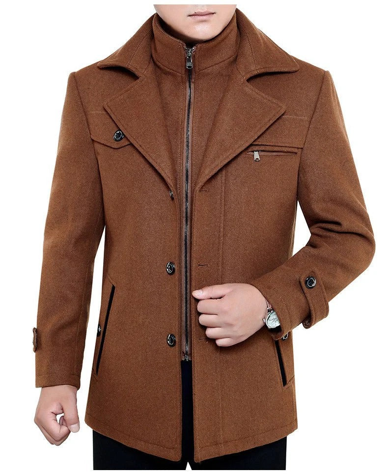 Men’s Overcoat – Tailored Fit – Wool Blend – High Collar – Zipper and Button Fastening