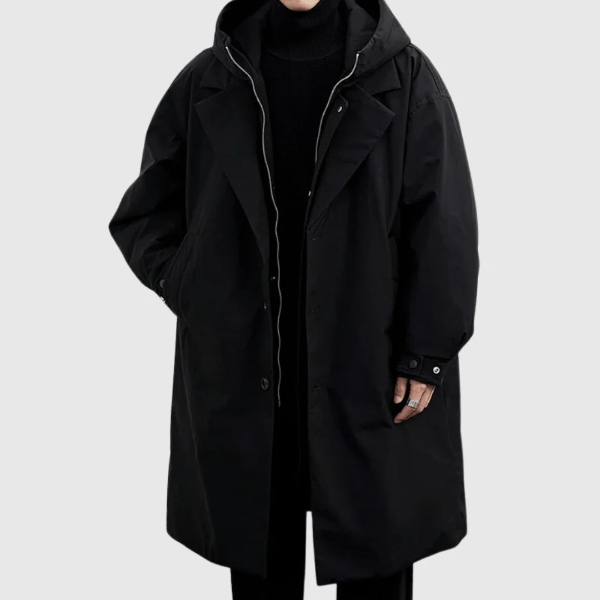 Men’s Raincoat – Waterproof Full Length – Relaxed Fit – Hooded with Zip and Button Closure
