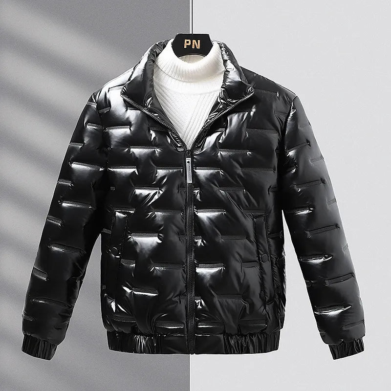 Men’s Quilted Coat – Slim Fit – Shiny Finish – Stand Collar Zipper Casual Outerwear