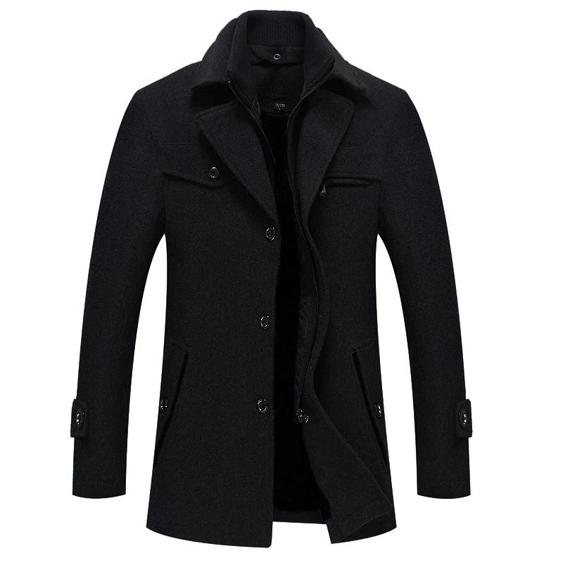 Men’s Overcoat – Tailored Fit – Wool Blend – High Collar – Zipper and Button Fastening