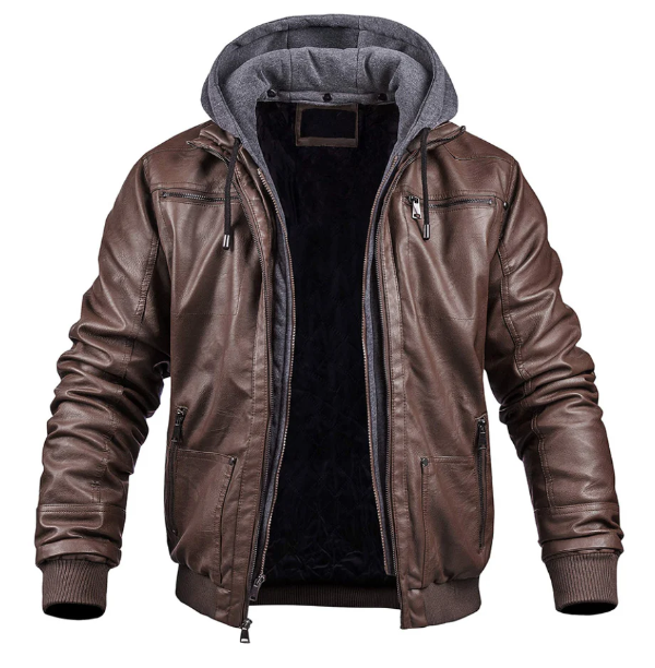 Men’s Hooded Leather Jacket – Slim Fit – Zip Front – Ribbed Cuffs – Street Style