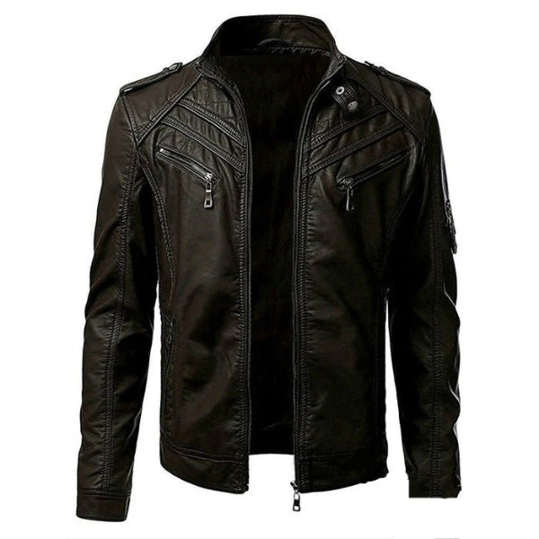 Men’s Leather Jacket – Slim Fit – Stand Collar – Zip Front – Multiple Zip Pockets