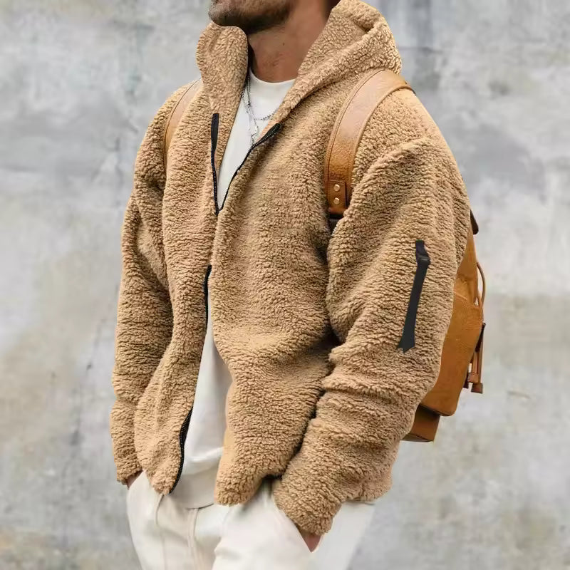 Men’s Fleece Coat – Oversized Fit – Hooded – Plush Texture – Zip Front – Casual Wear