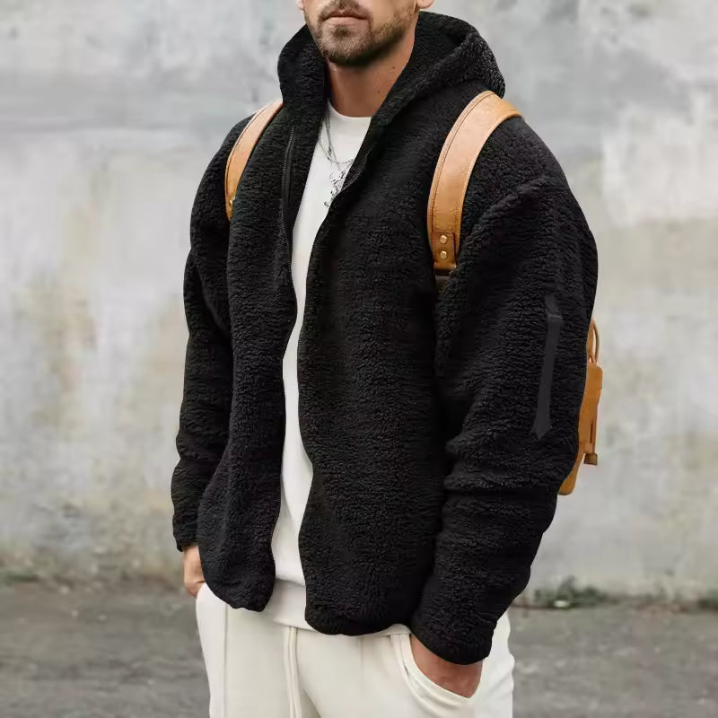 Men’s Fleece Coat – Oversized Fit – Hooded – Plush Texture – Zip Front – Casual Wear