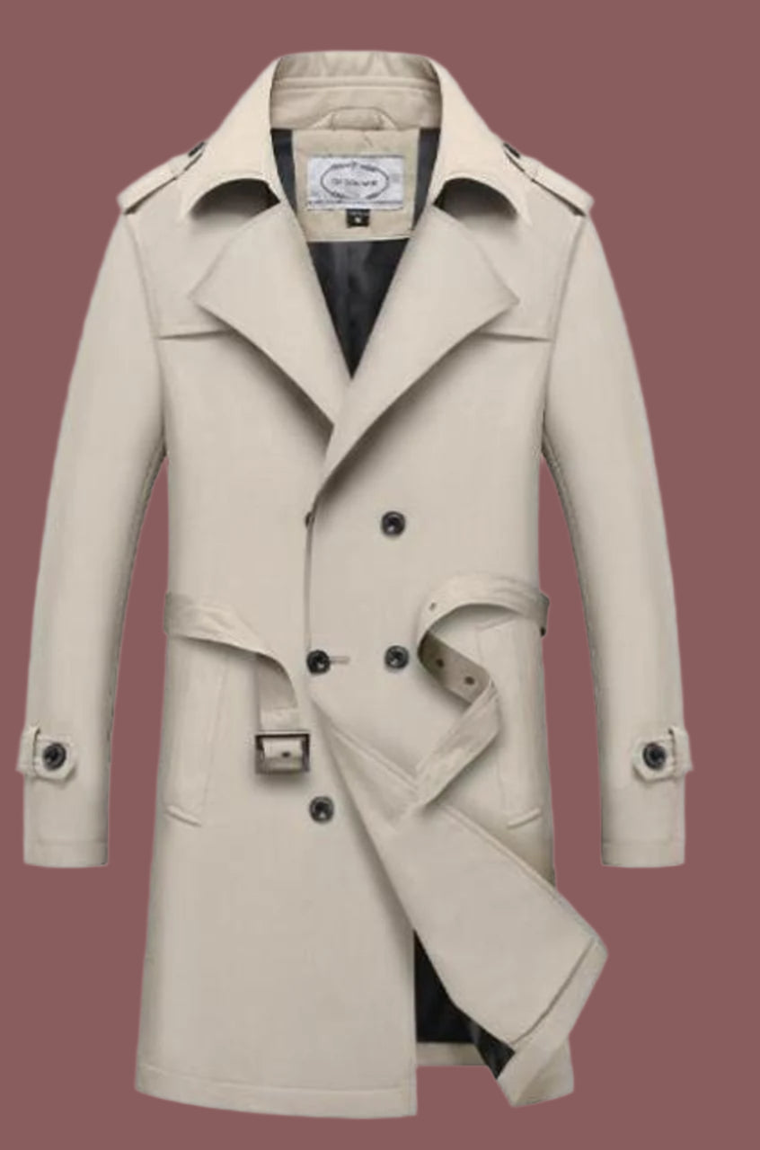 Men’s Trench Coat – Tailored Fit – Cotton Blend – Double Breasted – Belted Formal Style