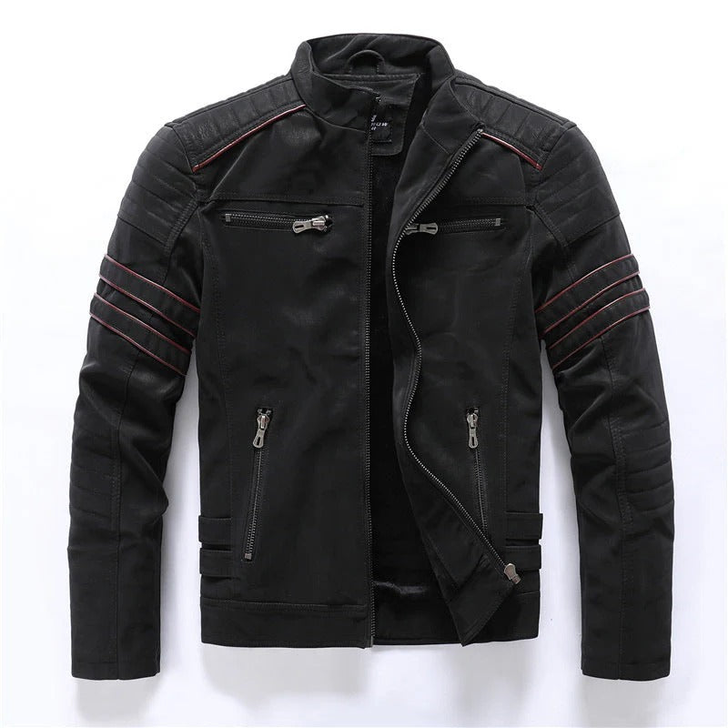 Men’s Biker Jacket – Slim Fit – Quilted Shoulders – Zipped Front – Stand Collar