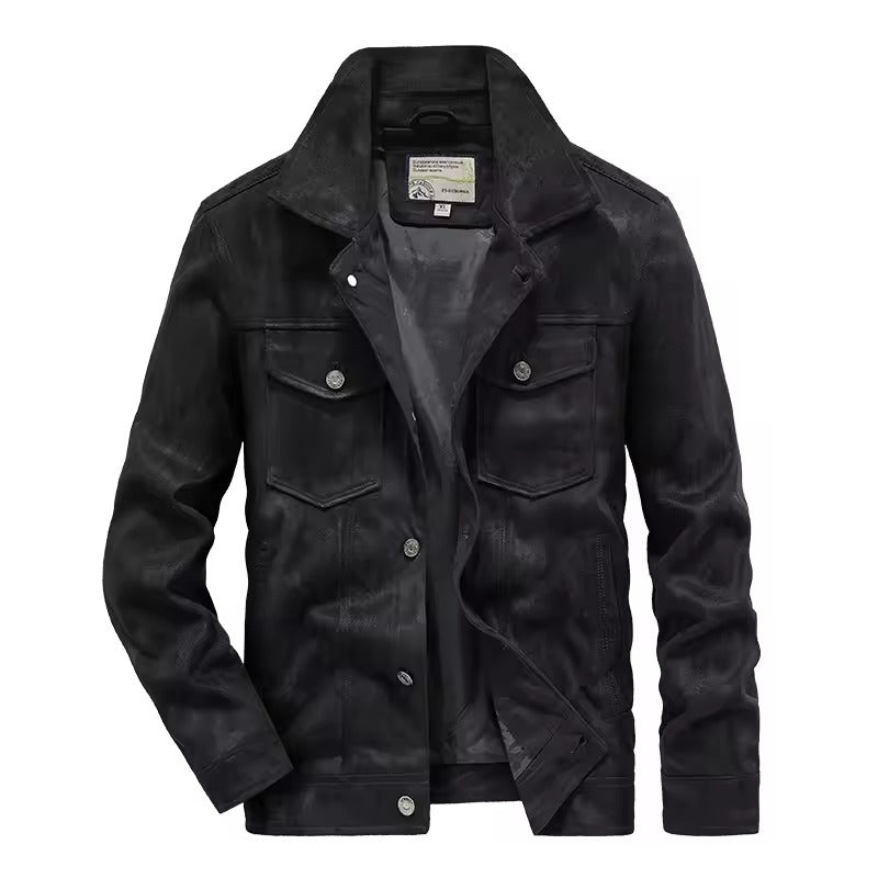 Men’s Suede Jacket – Slim Fit – Button-Up Front – Flap Pockets – Structured Collar
