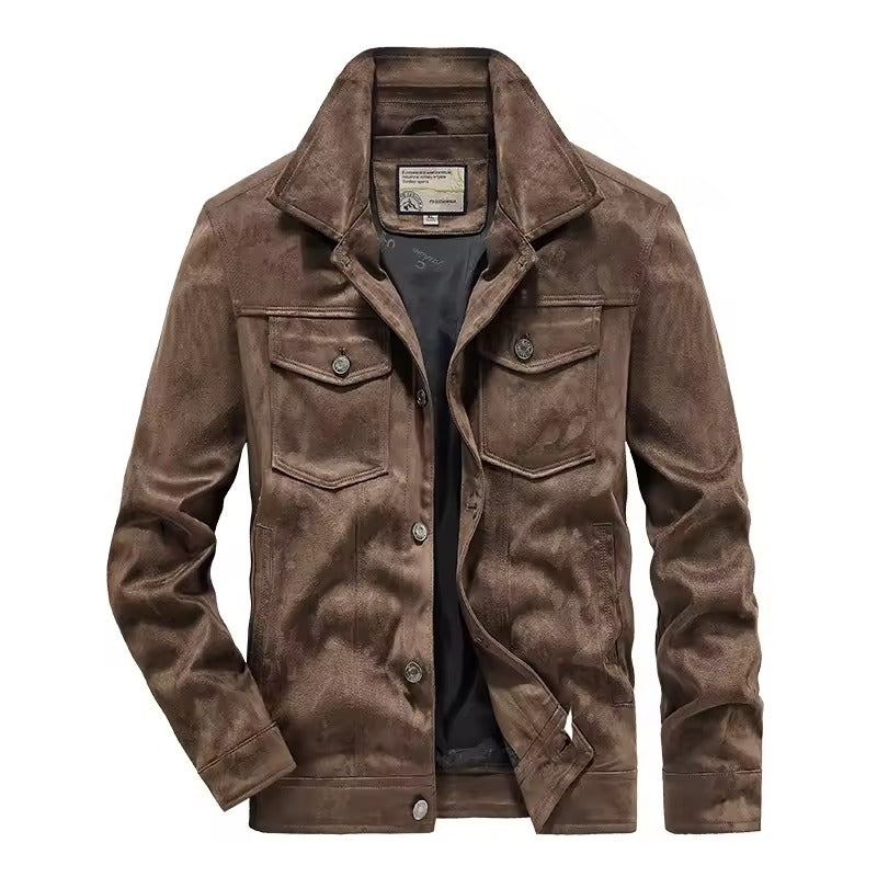 Men’s Suede Jacket – Slim Fit – Button-Up Front – Flap Pockets – Structured Collar