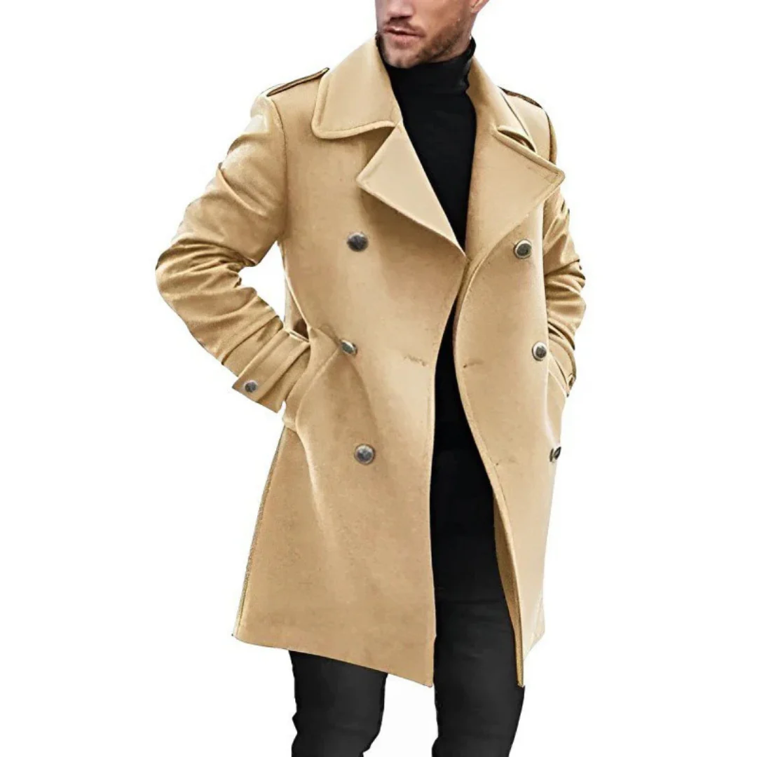 Men’s Trench Coat – Tailored Fit – Wool Blend – Double-Breasted – Mid Length