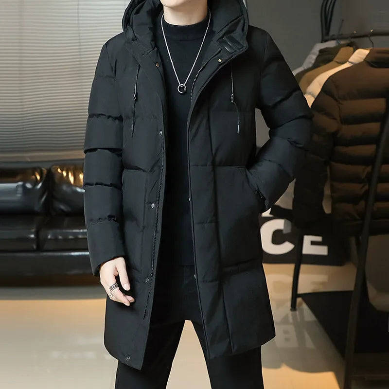 Men's Mid-Length Coat – Quilted Cotton – Hooded – Relaxed Fit – Insulated Warm Wear