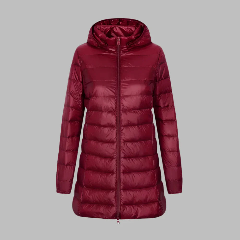 Women’s Down Jacket – Fitted Mid-Thigh Length – Hooded – Quilted – Water-Resistant