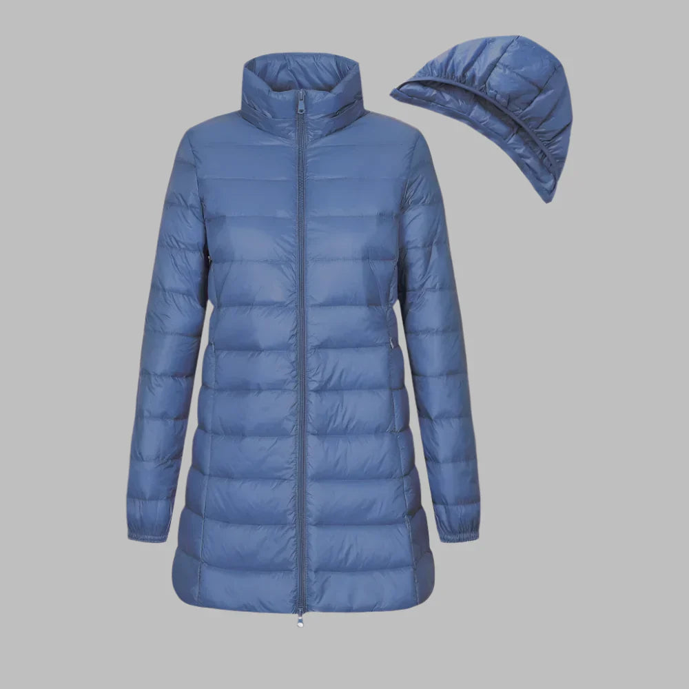 Women’s Down Jacket – Fitted Mid-Thigh Length – Hooded – Quilted – Water-Resistant