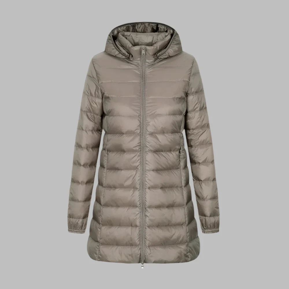 Women’s Down Jacket – Fitted Mid-Thigh Length – Hooded – Quilted – Water-Resistant