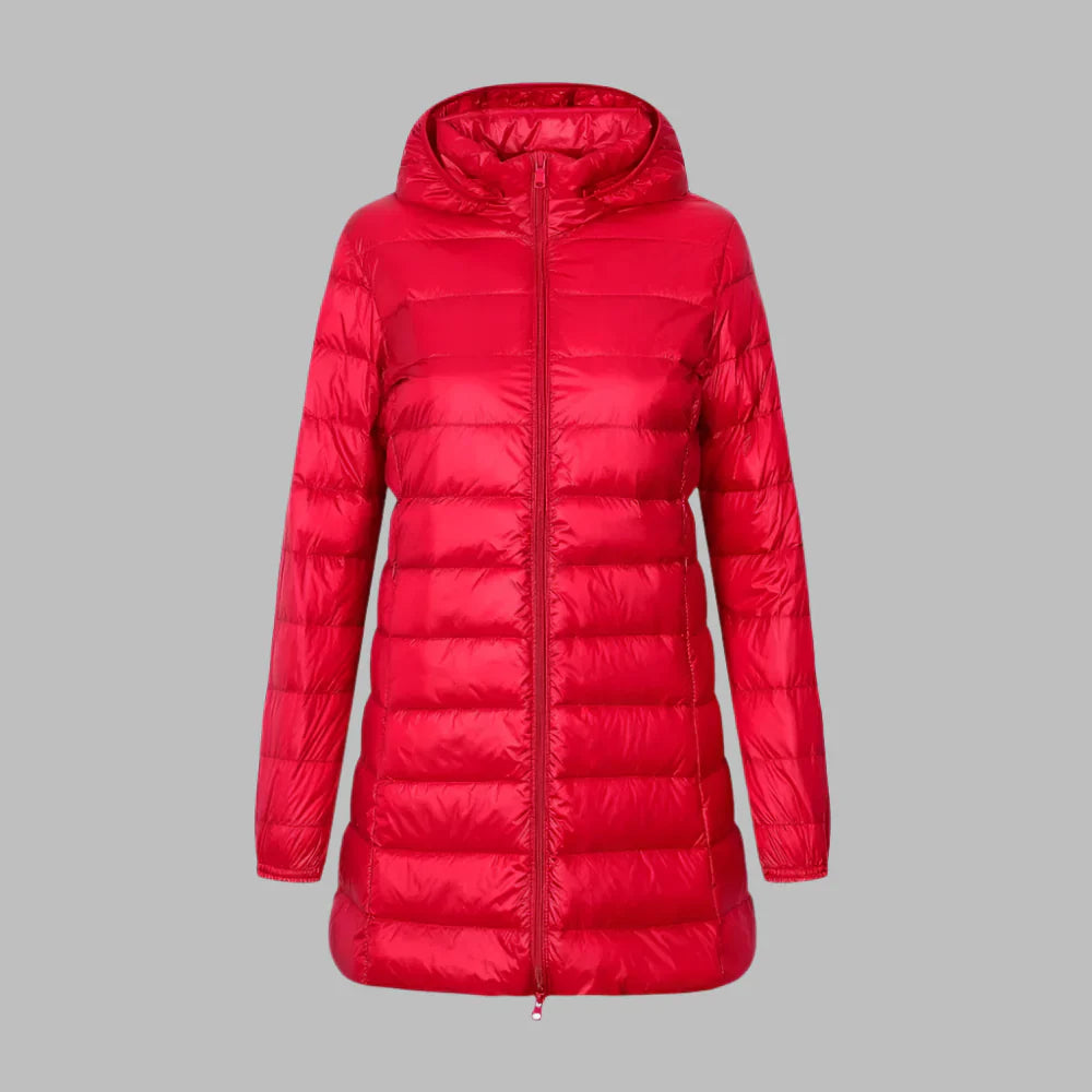 Women’s Down Jacket – Fitted Mid-Thigh Length – Hooded – Quilted – Water-Resistant
