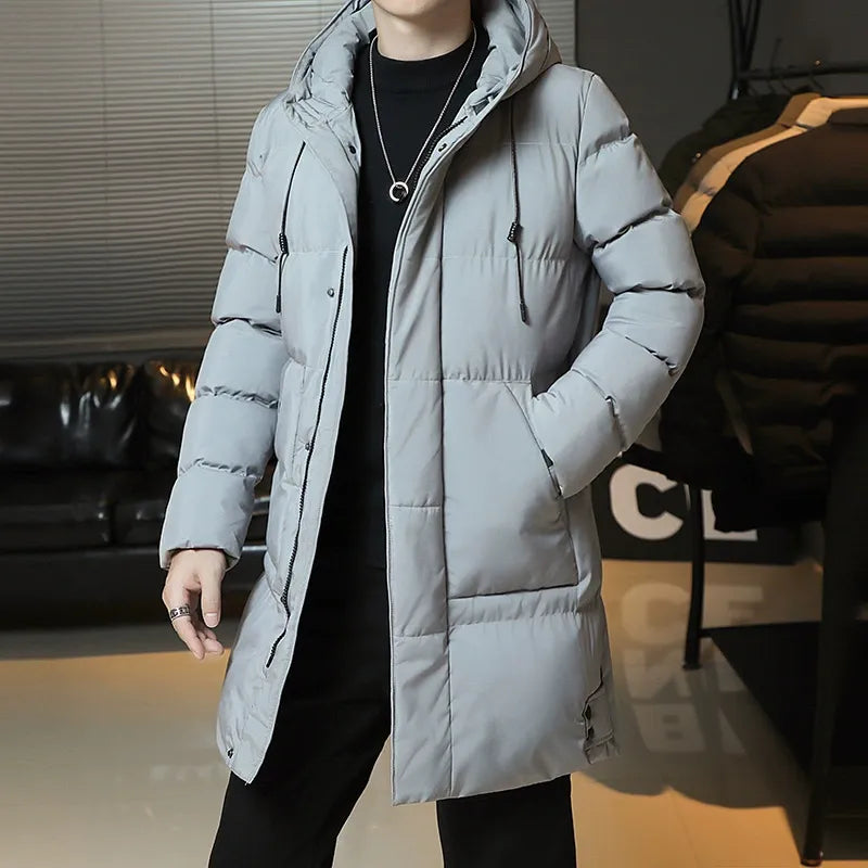 Men's Mid-Length Coat – Quilted Cotton – Hooded – Relaxed Fit – Insulated Warm Wear
