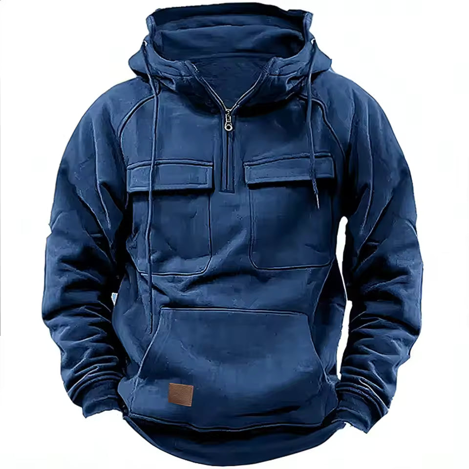 Men’s Hooded Jacket – Relaxed Fit – Leather Look – Half Zip – Flap Pockets – Casual