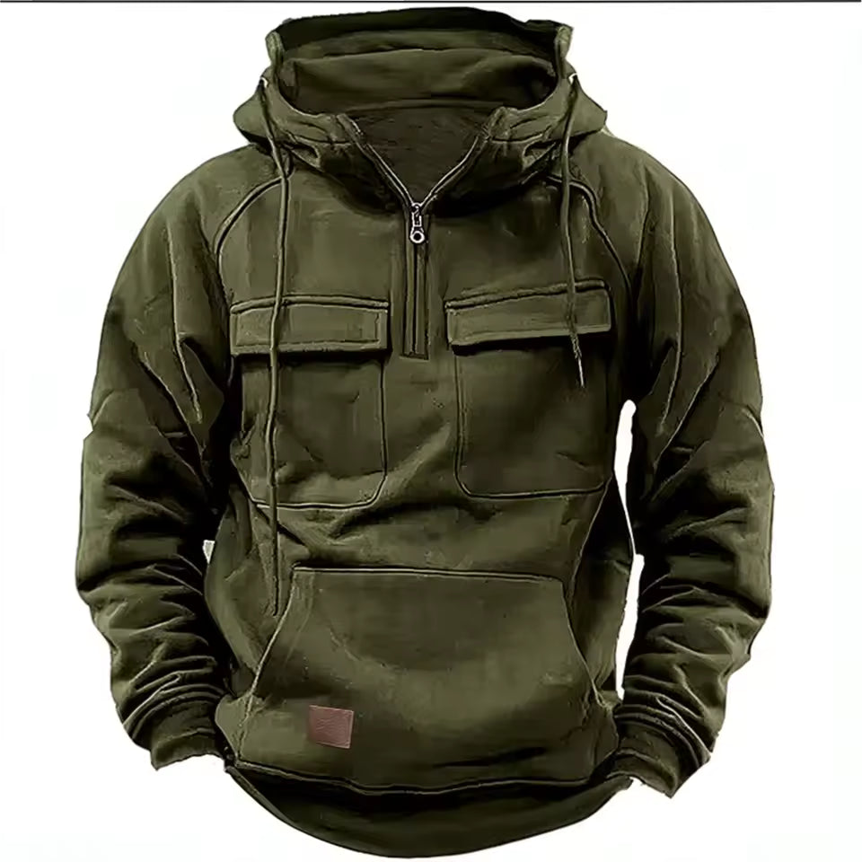Men’s Hooded Jacket – Relaxed Fit – Leather Look – Half Zip – Flap Pockets – Casual
