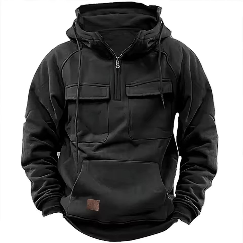 Men’s Hooded Jacket – Relaxed Fit – Leather Look – Half Zip – Flap Pockets – Casual