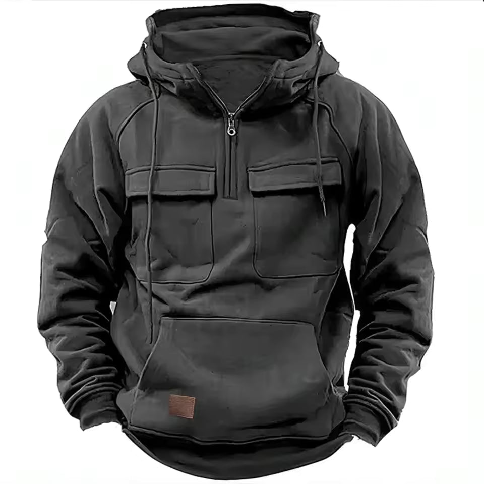 Men’s Hooded Jacket – Relaxed Fit – Leather Look – Half Zip – Flap Pockets – Casual