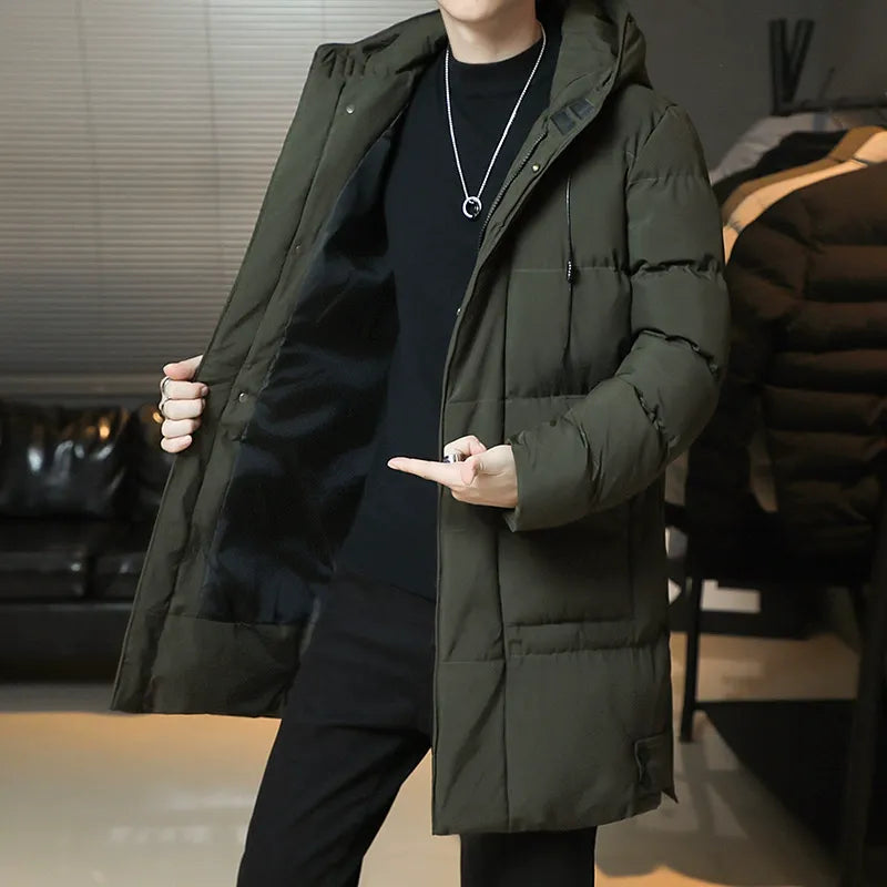 Men's Mid-Length Coat – Quilted Cotton – Hooded – Relaxed Fit – Insulated Warm Wear
