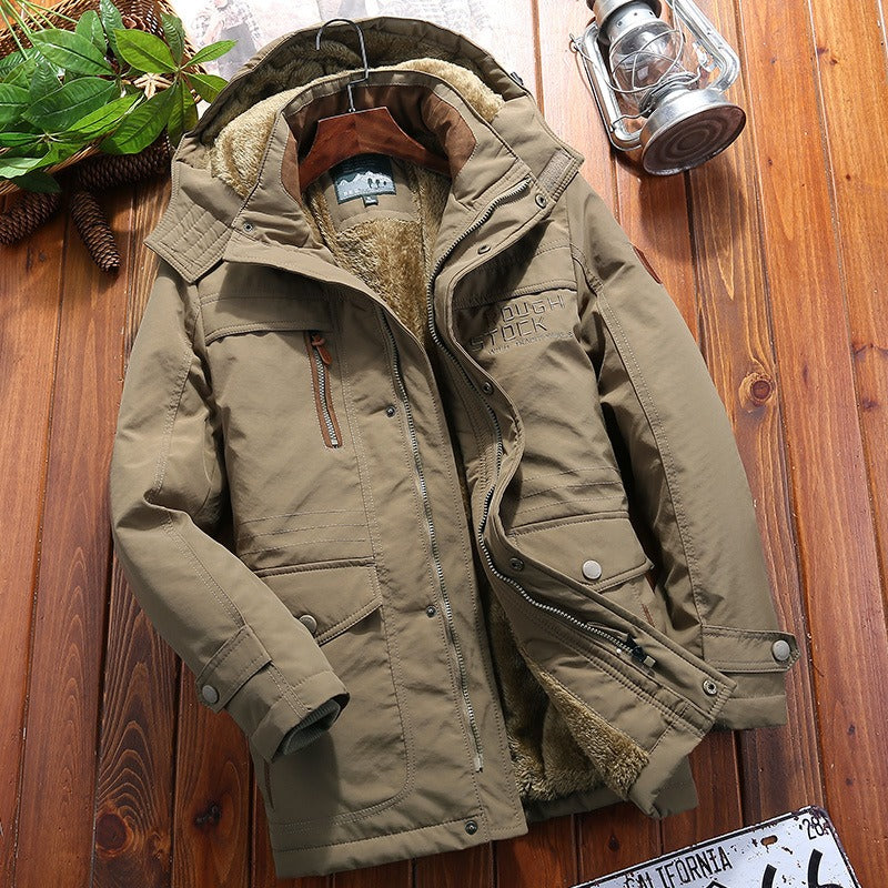 Men’s Quilted Jacket – Loose Fit – Hooded – Cotton Blend – Multiple Utility Pockets