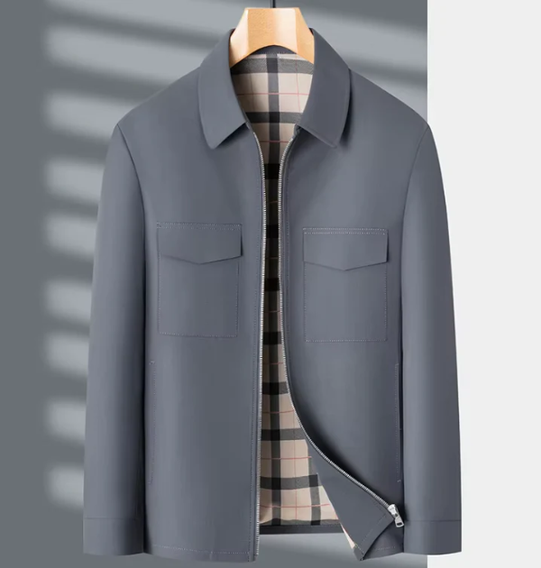 Men’s Slim Fit Jacket – Tailored Silhouette – Front Zipper – Flap Chest Pockets – Plaid Lining
