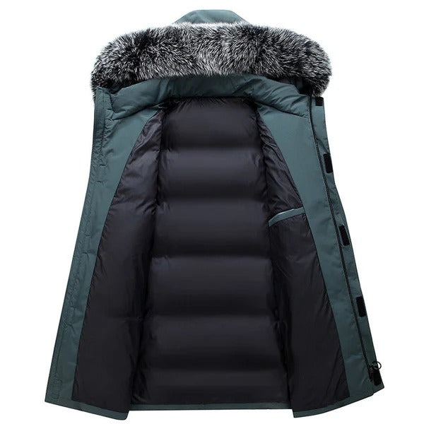 Men’s Down Jacket – Mid-Thigh Length – Windproof Hood – Faux Fur Trim – Structured Fit