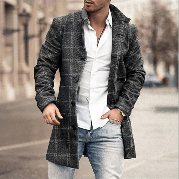 Men’s Coat – Tailored Fit – Mid-Thigh Length – Wool Blend – Plaid – Button Front