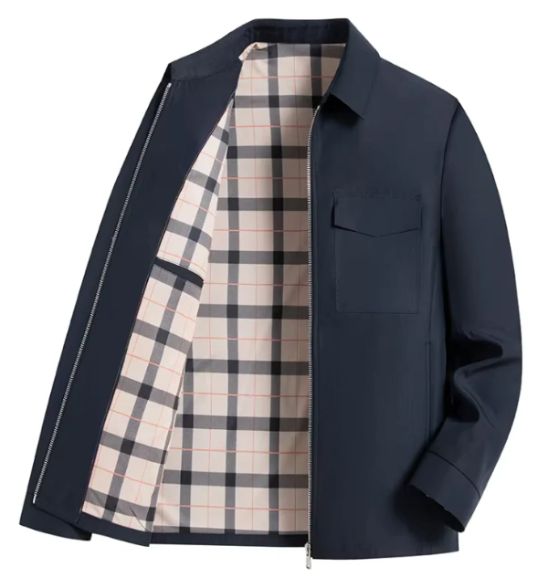 Men’s Slim Fit Jacket – Tailored Silhouette – Front Zipper – Flap Chest Pockets – Plaid Lining