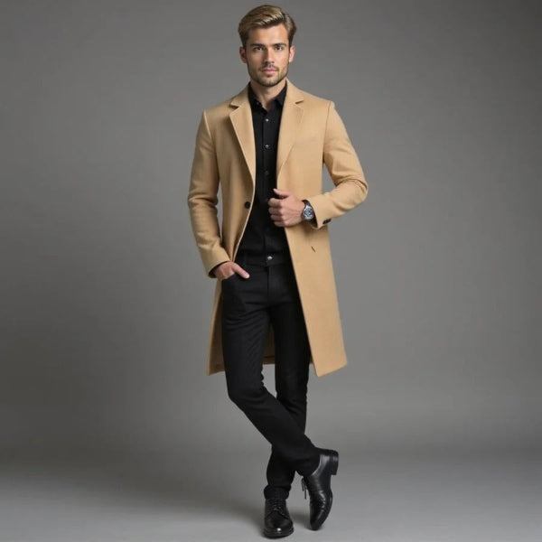 Men’s Long Coat – Tailored Fit – Wool Blend – Single-Breasted – Formal Style