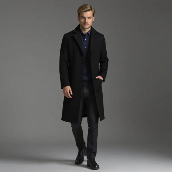 Men’s Long Coat – Tailored Fit – Wool Blend – Single-Breasted – Formal Style