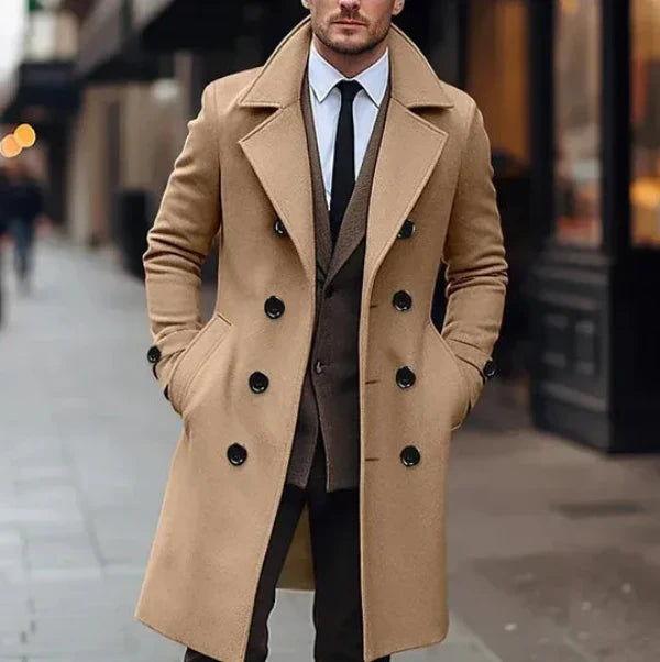 Men’s Overcoat – Tailored Fit – Wool Blend – Double-Breasted Knee-Length Formal Coat