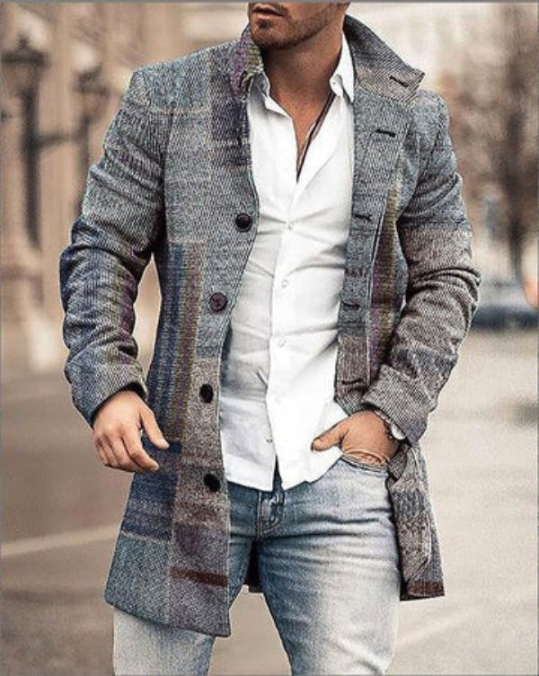 Men’s Coat – Tailored Fit – Mid-Thigh Length – Wool Blend – Plaid – Button Front