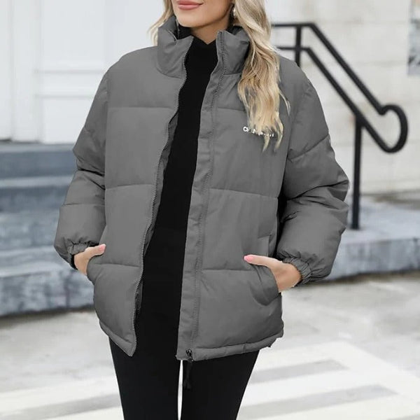 Women’s Quilted Jacket – Relaxed Fit – High Collar – Zipper Front – Hip Length