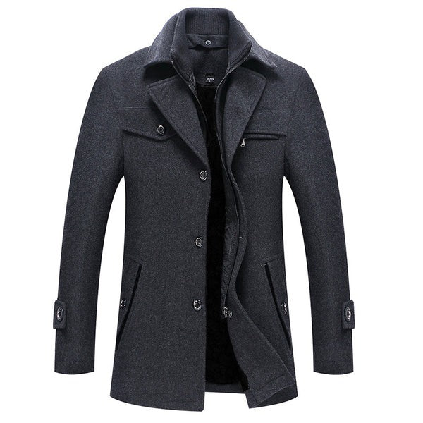 Men’s Overcoat – Tailored Fit – Wool Blend – High Collar – Zipper and Button Fastening