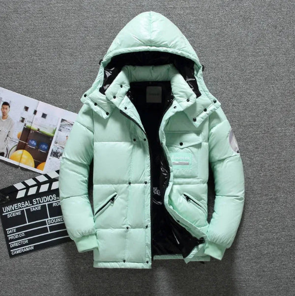 Men’s Down Jacket – Water-Repellent Glossy Finish – Hooded – Standard Fit – Quilted