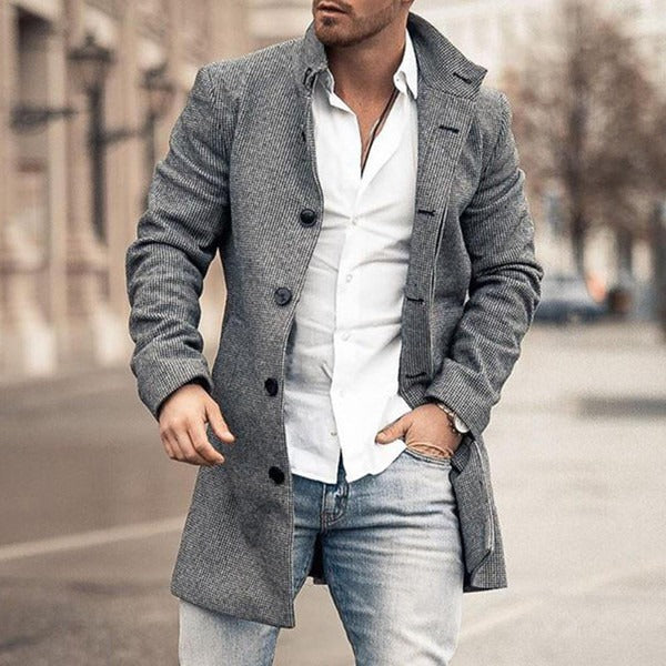 Men’s Mid-Length Coat – Tailored Fit – Wool Texture – Wide Lapel – Button Front