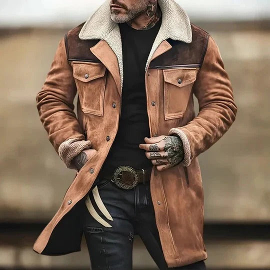 Men’s Suede Jacket – Tailored Fit – Shearling Collar – Button Front – Chest Pockets