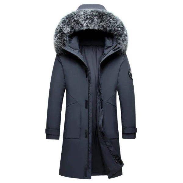 Men’s Down Jacket – Mid-Thigh Length – Windproof Hood – Faux Fur Trim – Structured Fit