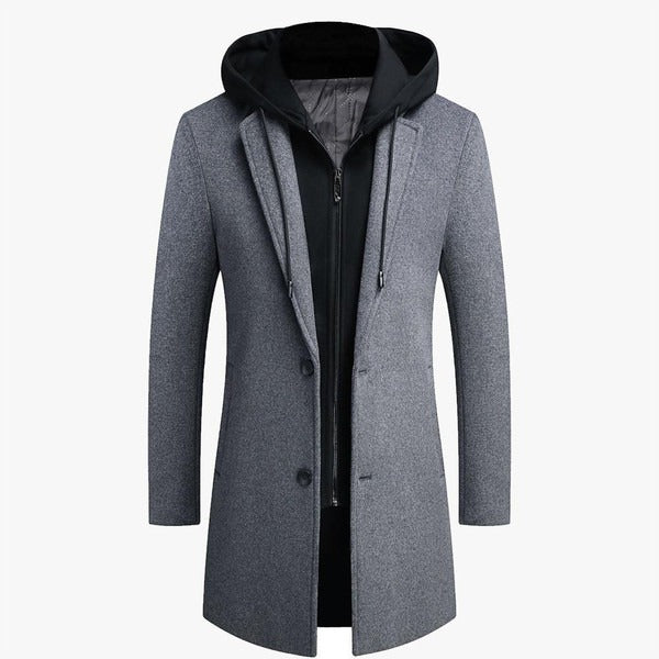Men’s Coat – Wool Blend – Tailored Fit – Detachable Hood – Mid-Length Smart Style