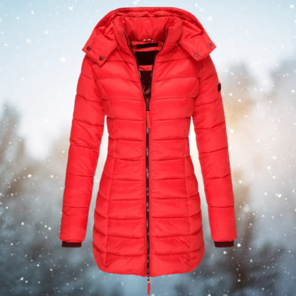 Women’s Long Puffer Jacket – Slim Fit – Quilted – Water-Resistant – Detachable Hood