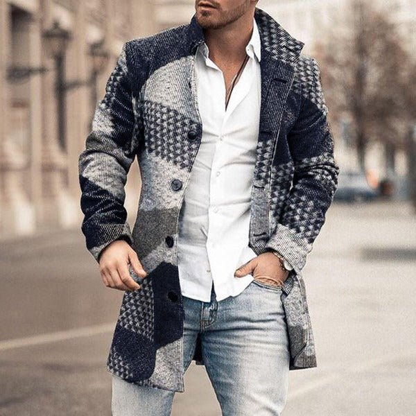 Men’s Mid-Length Coat – Tailored Fit – Wool Texture – Wide Lapel – Button Front