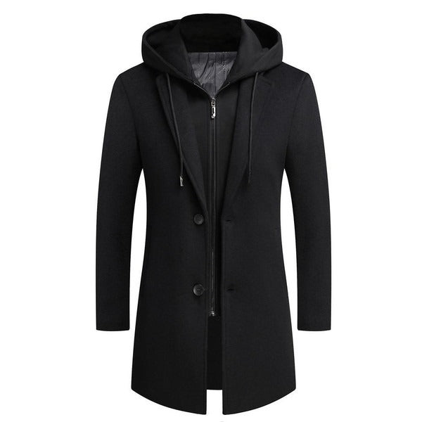 Men’s Coat – Wool Blend – Tailored Fit – Detachable Hood – Mid-Length Smart Style