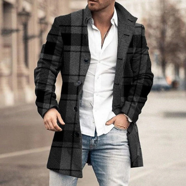 Men’s Coat – Tailored Fit – Mid-Thigh Length – Wool Blend – Plaid – Button Front