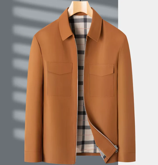 Men’s Slim Fit Jacket – Tailored Silhouette – Front Zipper – Flap Chest Pockets – Plaid Lining