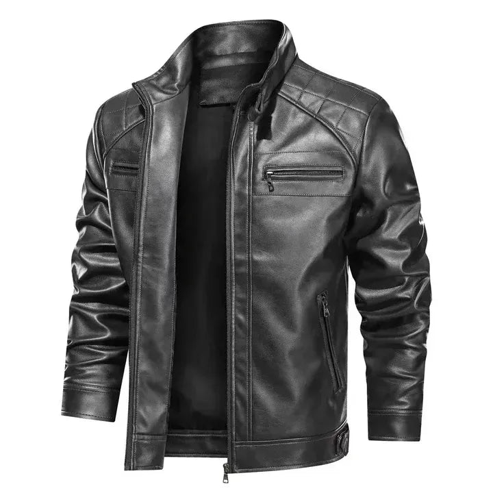 Men’s Biker Jacket – Slim Fit – Leather Look – Quilted Shoulders – Zipper Pockets