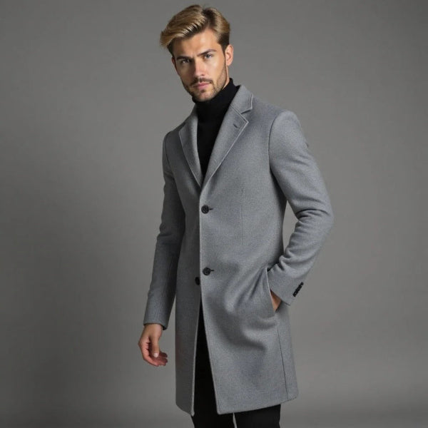 Men’s Long Coat – Tailored Fit – Wool Blend – Single-Breasted – Formal Style