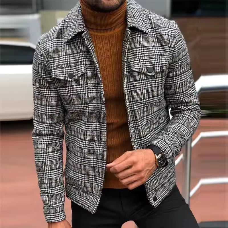 Men’s Plaid Jacket – Slim Fit – Lightweight Woven – Turn-Down Collar – Flap Pockets