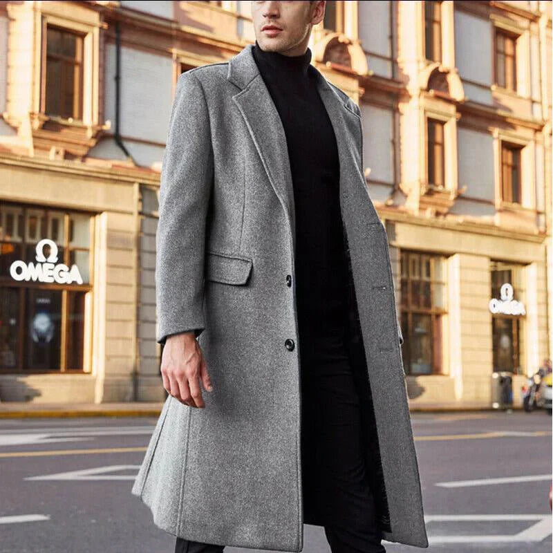 Men’s Coat – Tailored Fit – Wool Blend – Notched Lapel – Knee Length Formal Style